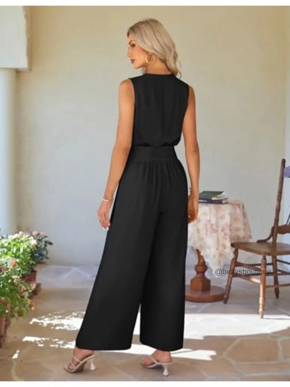 Sleeveless V Neck Wide Leg Jumpsuit with Pockets